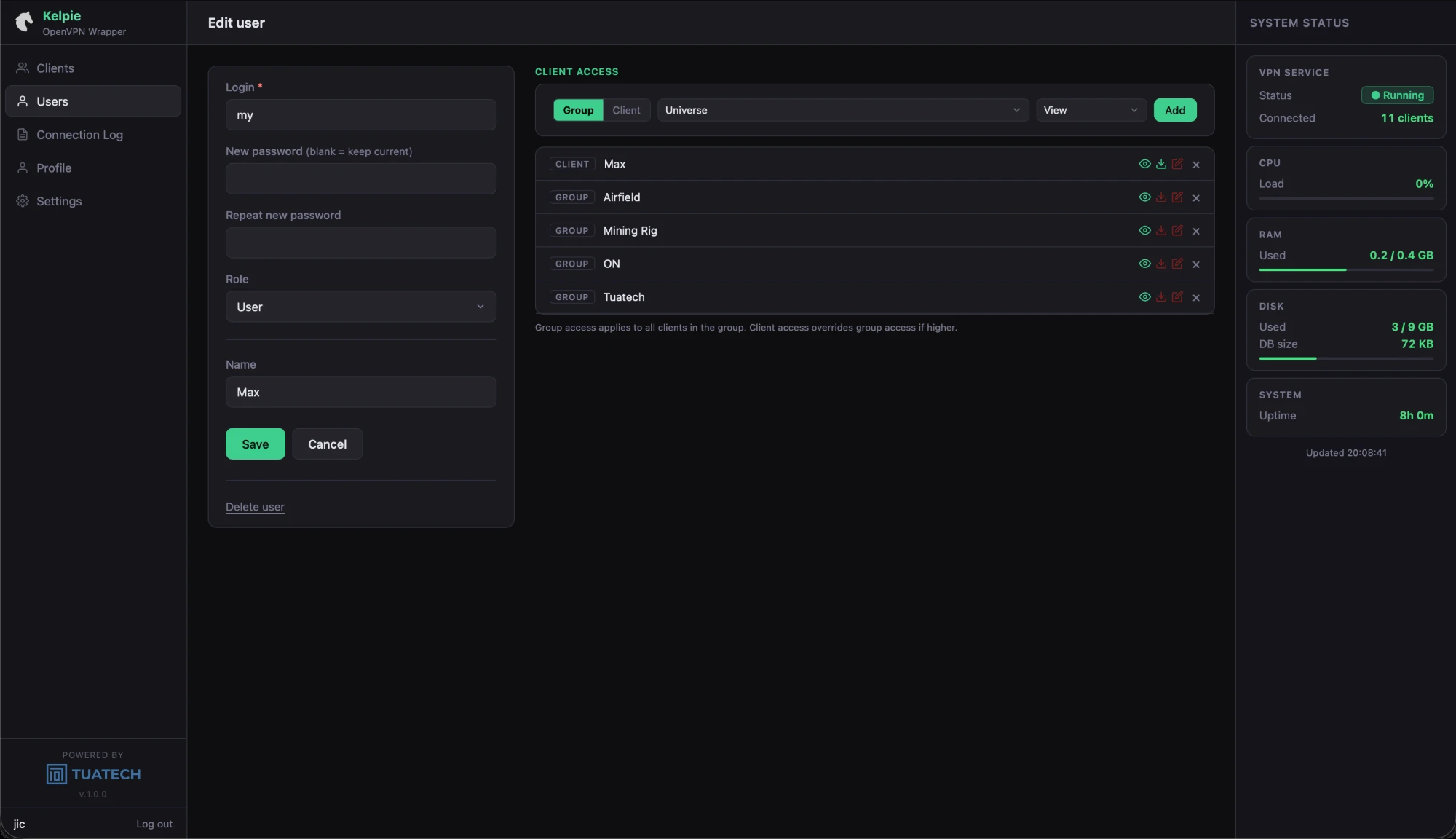 Kelpie — edit user page with role and per-client access control